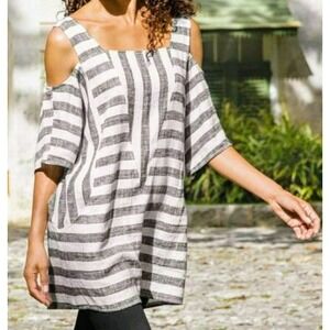 Soft Surroundings Women's XL Linen Blend Tunic Top‎ Striped Cold Shoulder Sleeve